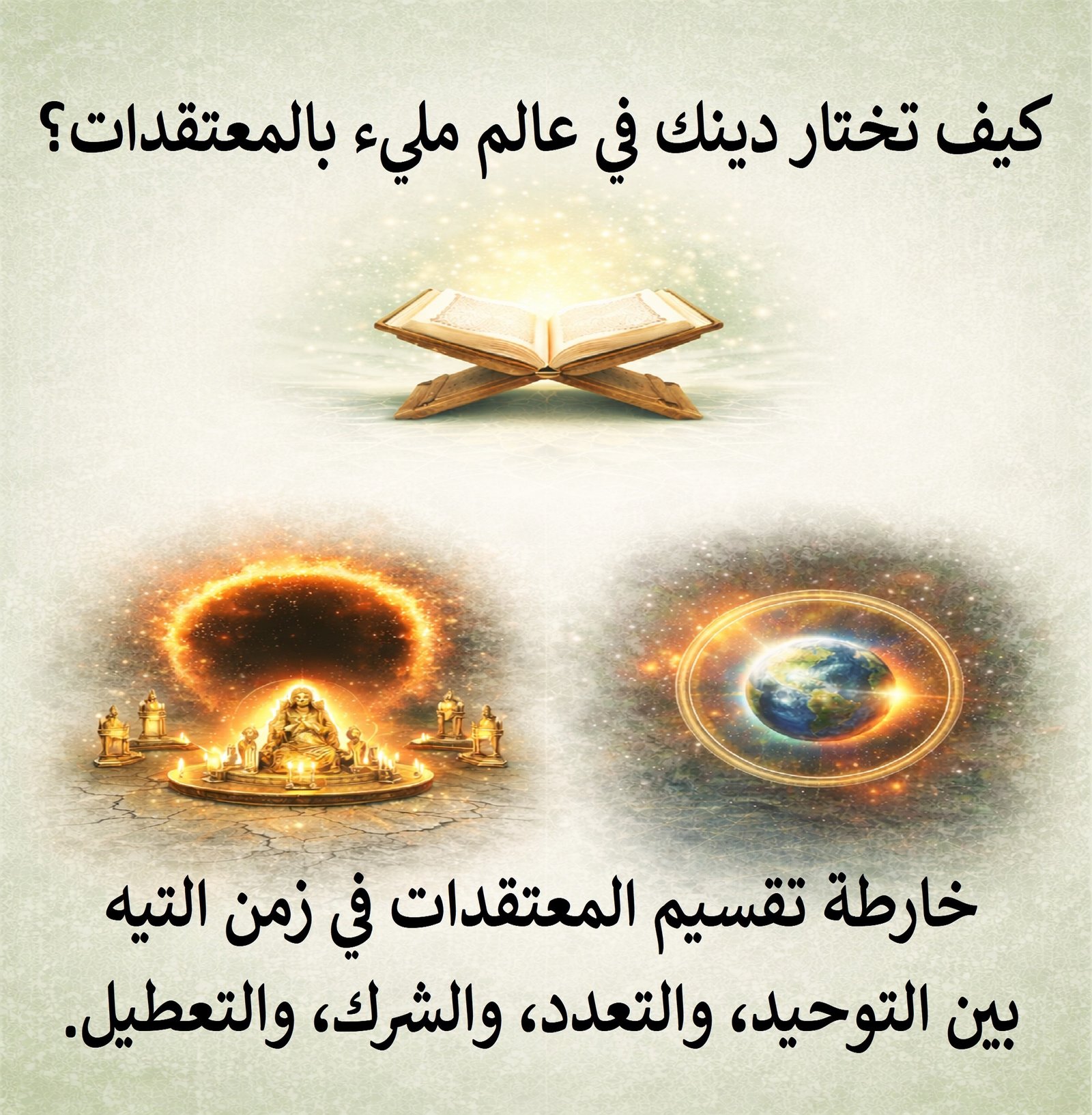 كيف تختار دينك في عالم مليء بالمعتقدات؟ خارطة تقسيم المعتقدات في زمن التيه بين التوحيد، والتعدد، والشرك، والتعطيل (لوحة حائط)