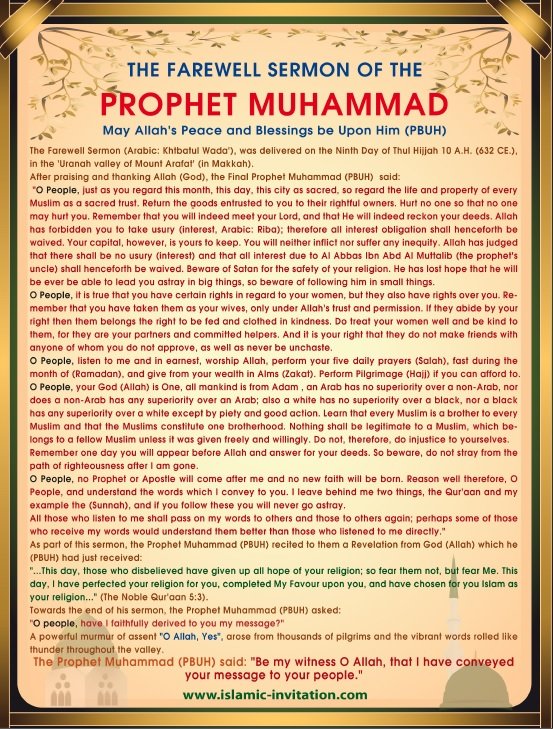 The Farwell Sermon of The Prophet Muhammad May Allah's Peace and Blessings Be Upon Him (PBUH)