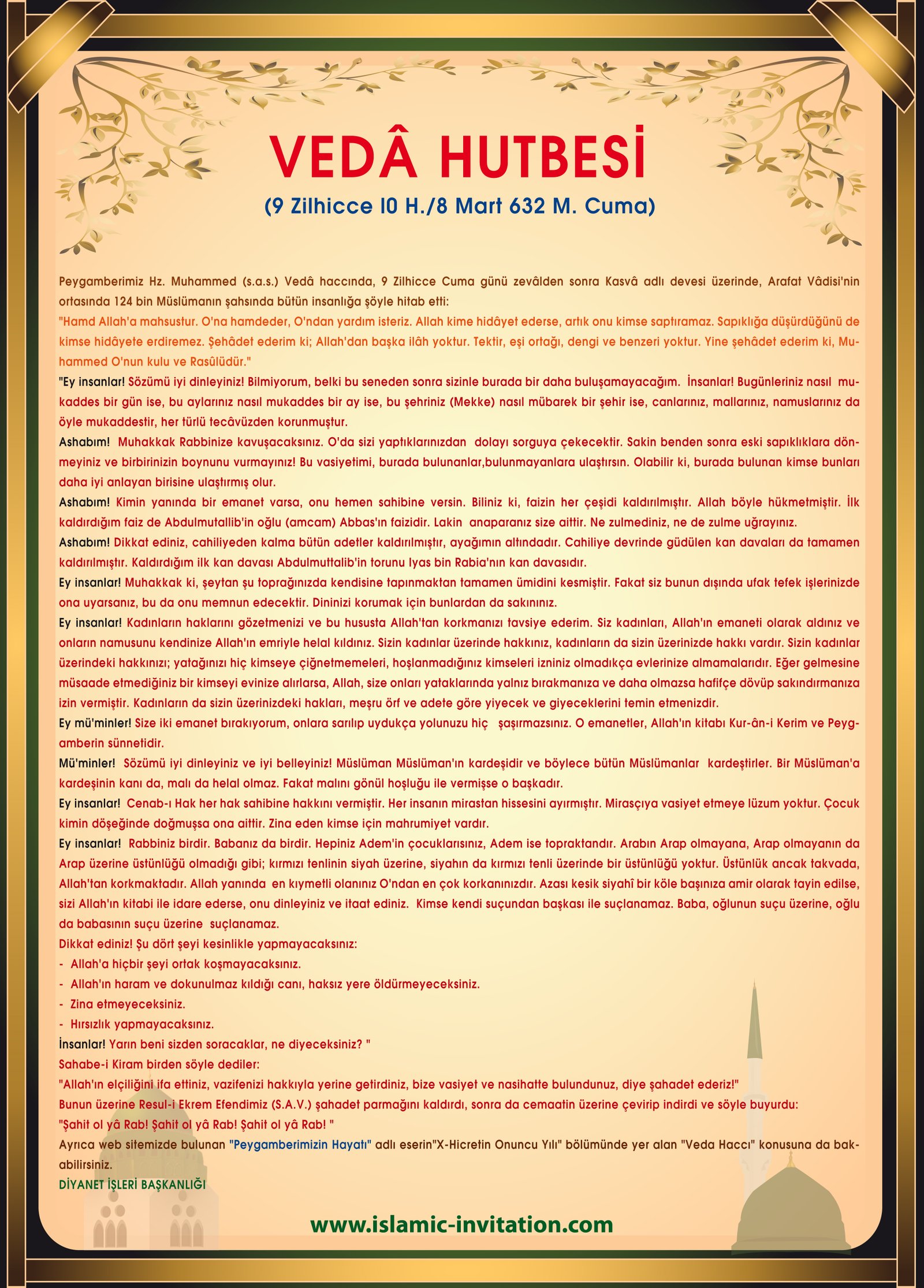 VEDÂ HUTBESİ (9 Zilhicce l0 H./8 Mart 632 M. Cuma) 