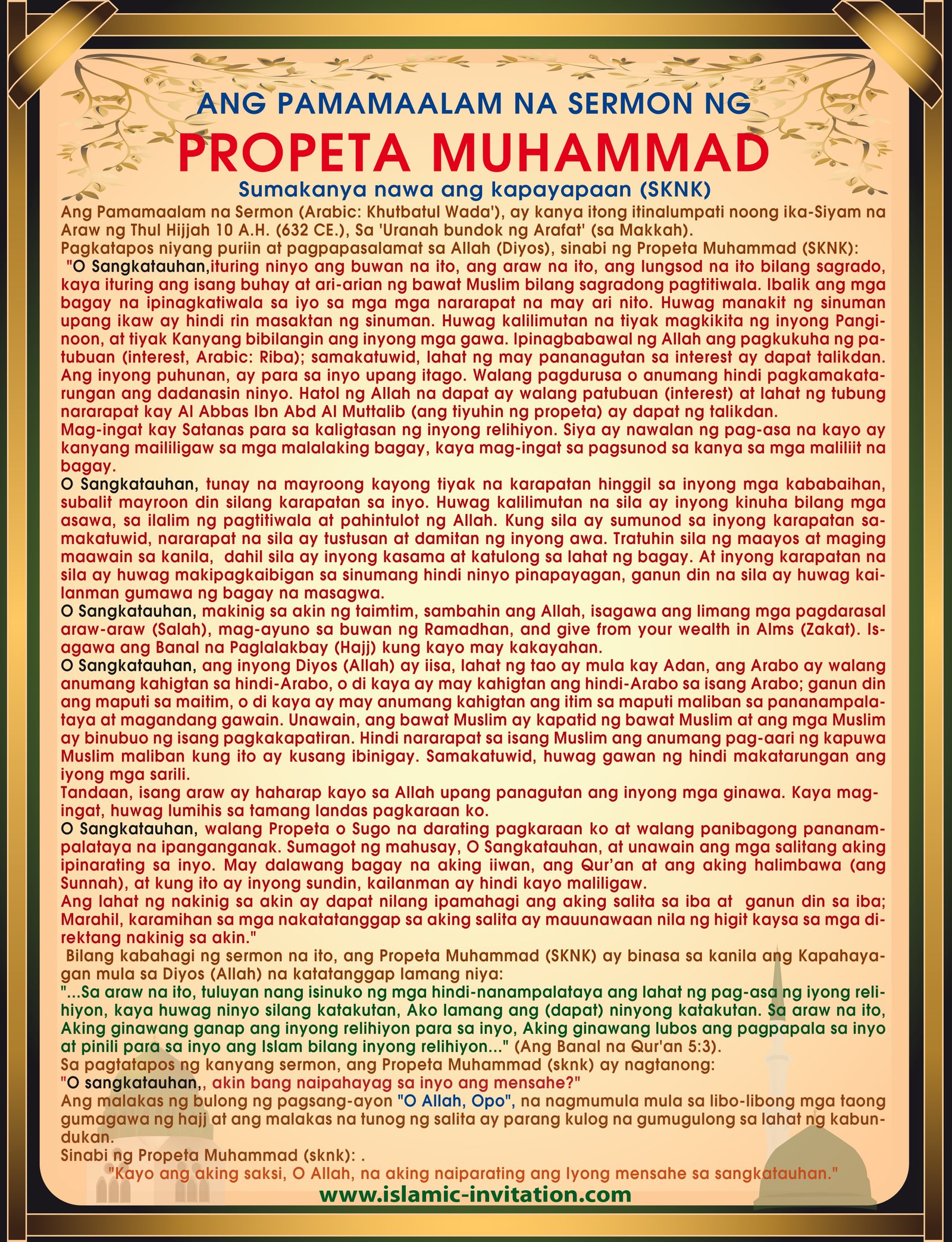 ANG PAMAMAALAM NA SERMON NG PROPETA MUHAMMAD  Sumakanya nawa ang kapayapaan (SKNK) 