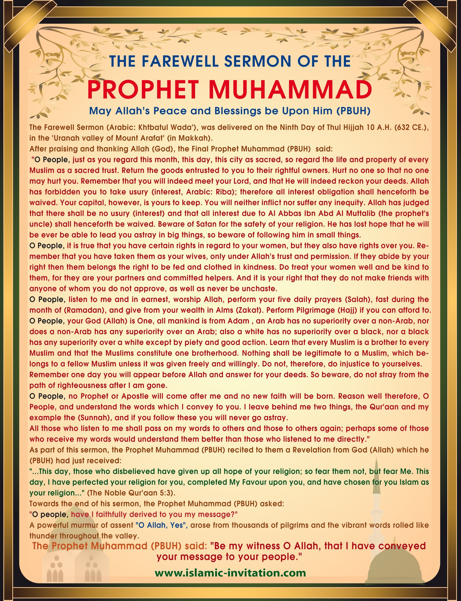 THE FAREWELL SERMON OF THE PROPHET MUHAMMAD   
(PBUH) - Poster