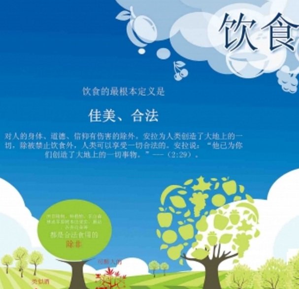 饮食
本信息图表论及的是食物，以及伊斯兰对食物的规定，并阐释何为合法、何为非法，食用动物的相关规定和相关屠宰规定等