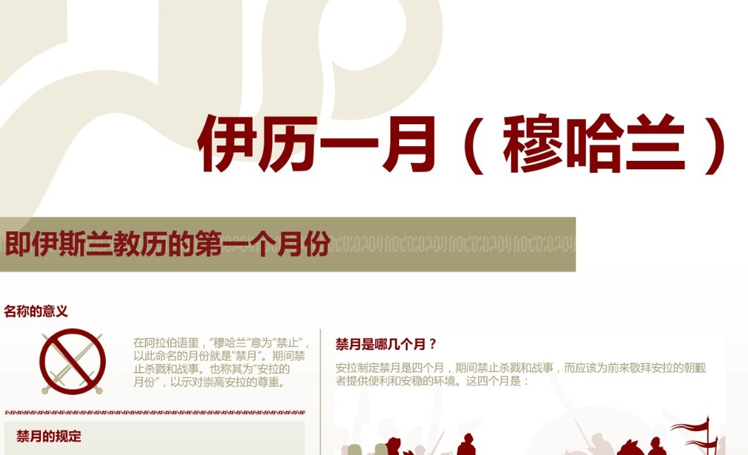 伊历一月（穆哈兰) 伊历一月（穆哈兰）
本图表信息讲解的是安拉的禁月。其中介绍了名字的由来、含义、禁月的定义、禁月的恩典已经为什么禁月是伊斯兰历的第一个月份，此外还讲解了阿舒拉日、及其名字的来历和相关信息。