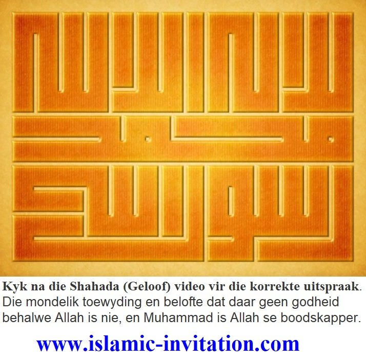 Kyk na die Shahada (Geloof) video vir die korrekte uitspraak. Die mondelik toewyding en belofte dat daar geen godheid behalwe Allah is nie, en Muhammad is Allah se boodskapper.